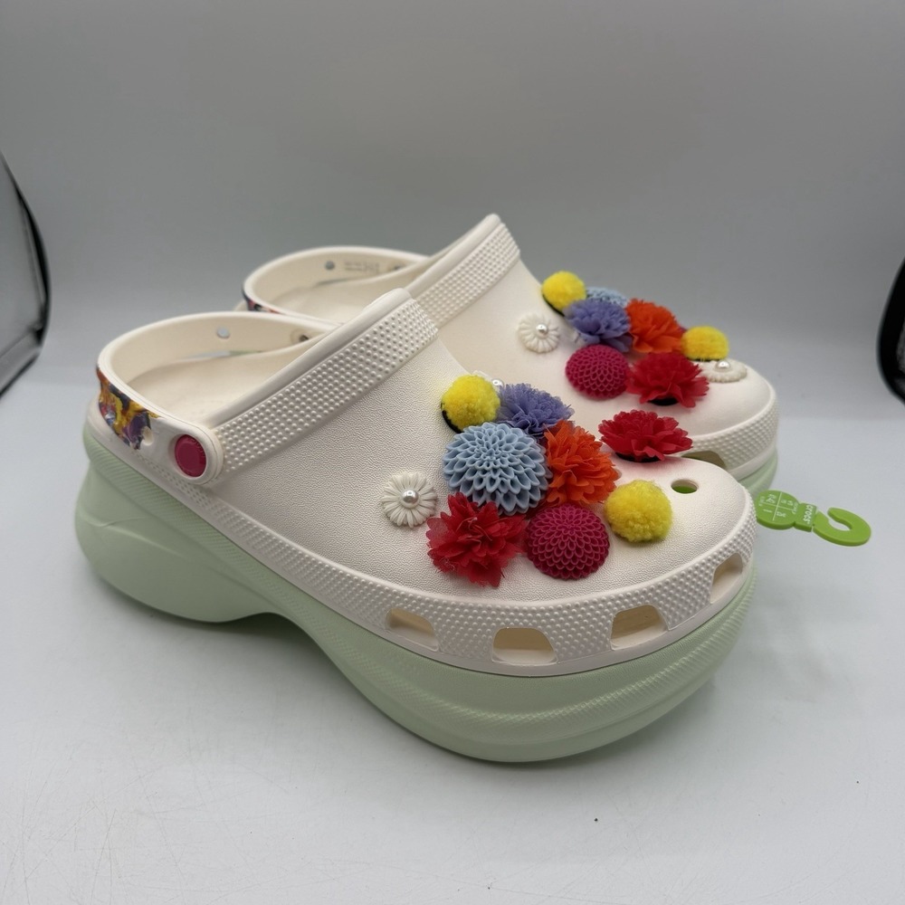 CROCS Bae Wildflower Clogs Womens Sz 10 White Green Platform Removable Jibbitz